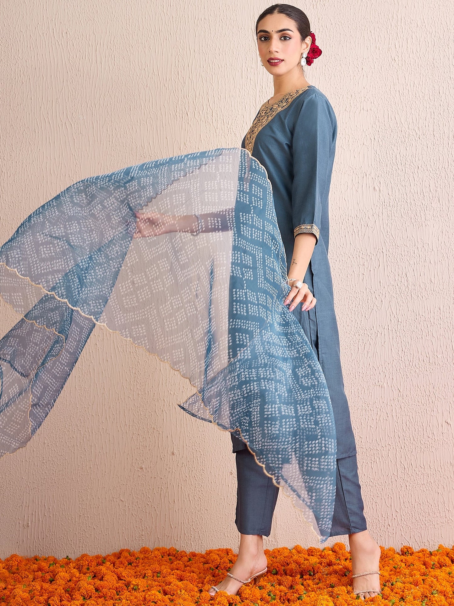 Indo Era Grey Embroidered Straight Kurta Trousers With Dupatta set