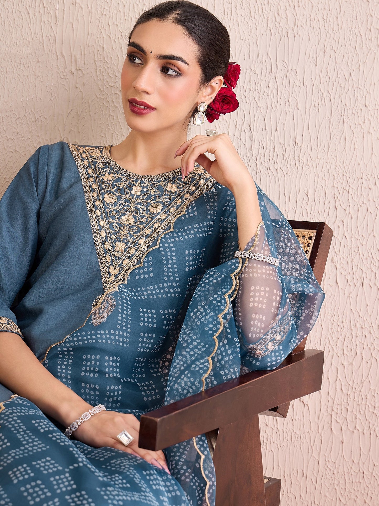 Indo Era Grey Embroidered Straight Kurta Trousers With Dupatta set