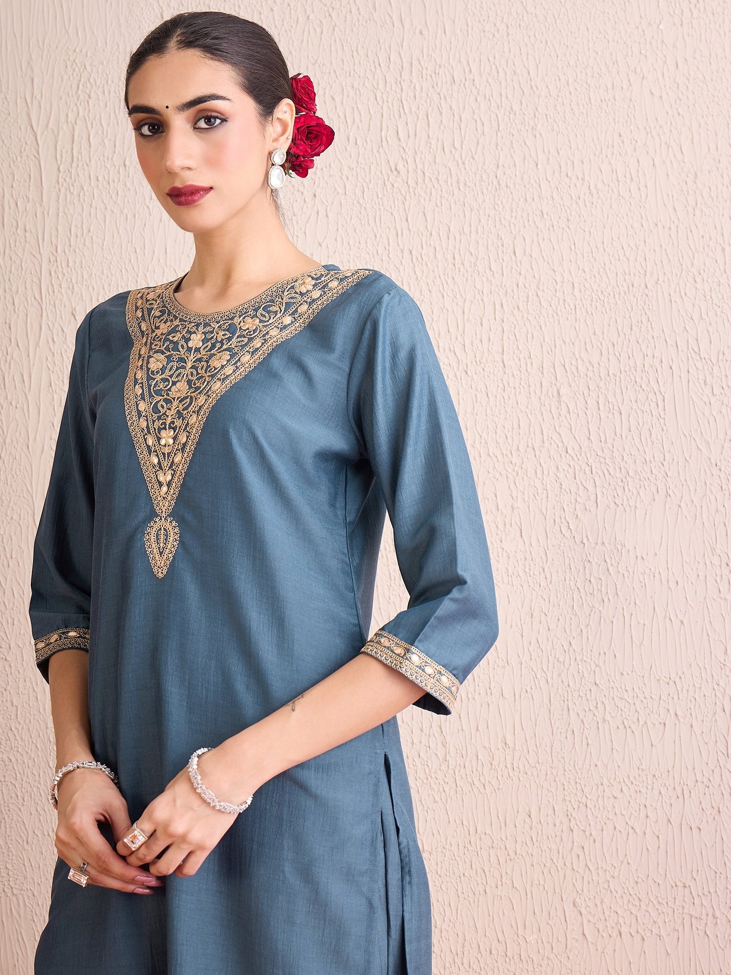 Indo Era Grey Embroidered Straight Kurta Trousers With Dupatta set