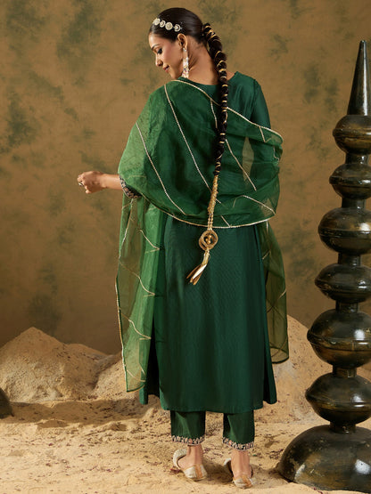 Indo Era Green Embroidered A-Line Kurta Trousers set