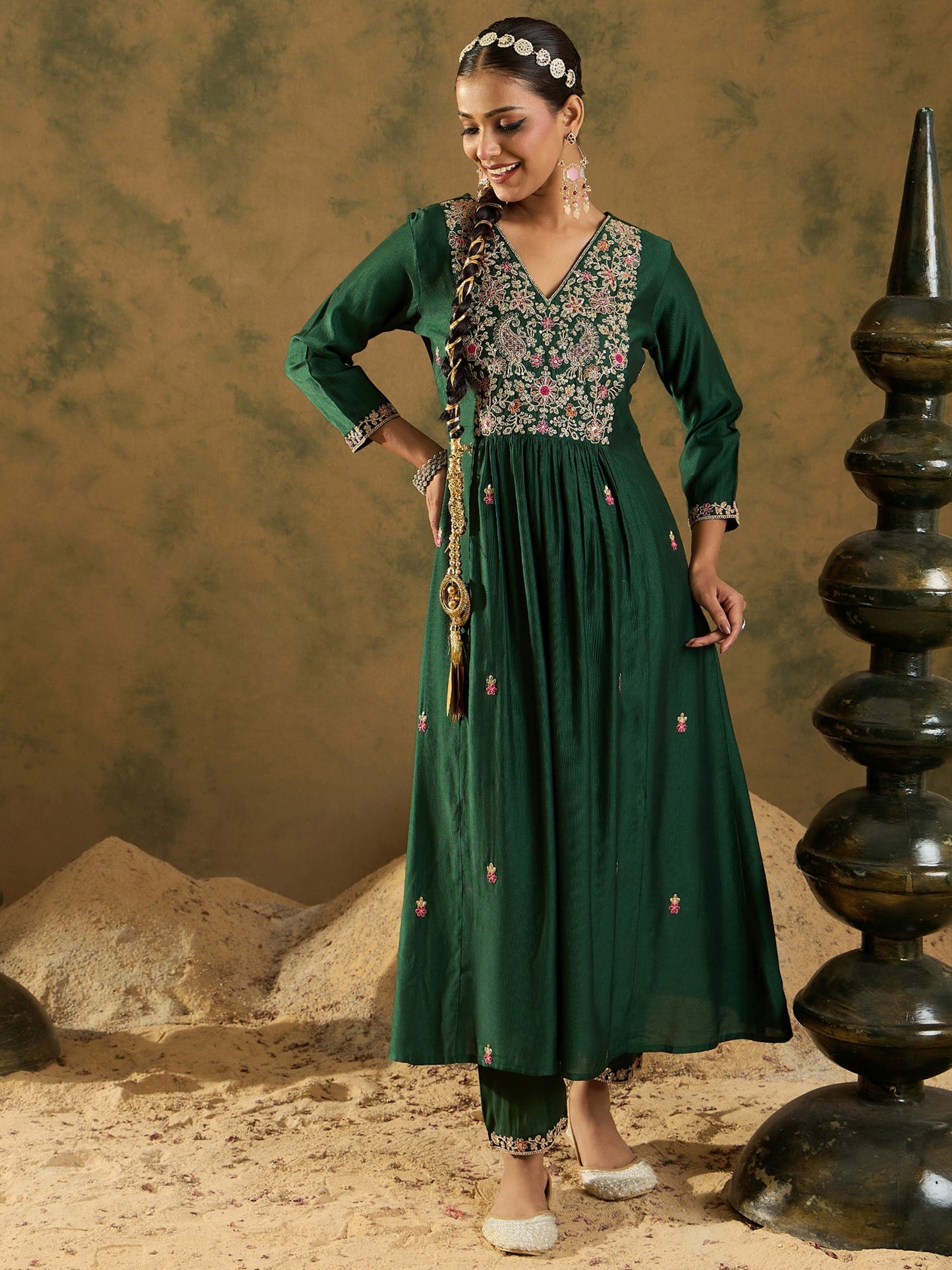 Indo Era Green Embroidered A-Line Kurta Trousers set