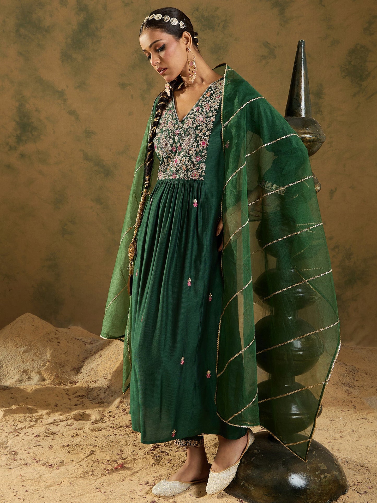 Indo Era Green Embroidered A-Line Kurta Trousers set