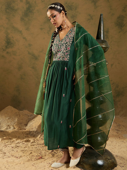 Indo Era Green Embroidered A-Line Kurta Trousers set