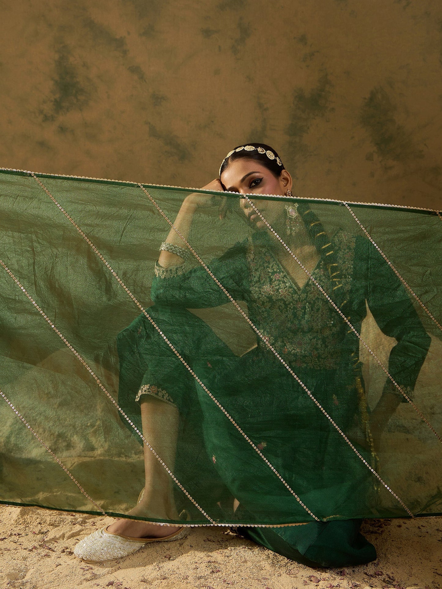 Indo Era Green Embroidered A-Line Kurta Trousers set