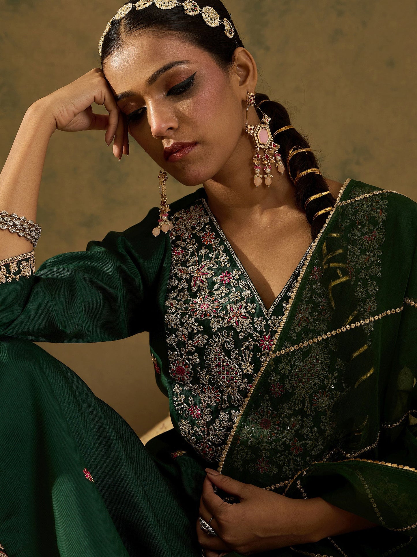 Indo Era Green Embroidered A-Line Kurta Trousers set