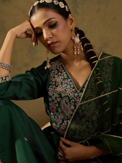 Indo Era Green Embroidered A-Line Kurta Trousers set