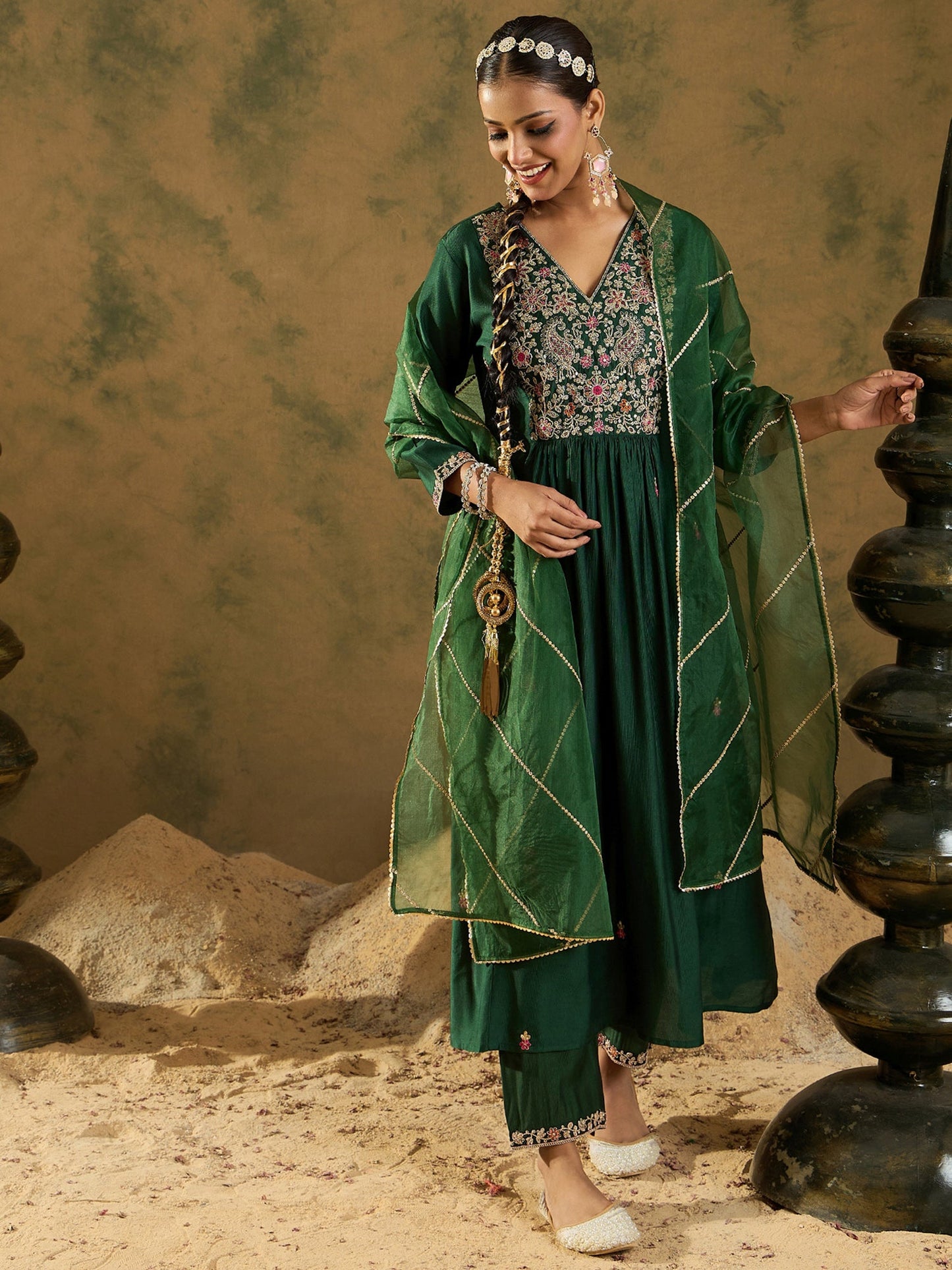 Indo Era Green Embroidered A-Line Kurta Trousers set