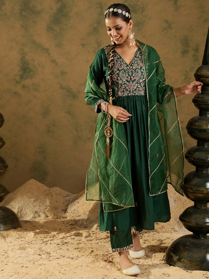 Indo Era Green Embroidered A-Line Kurta Trousers set