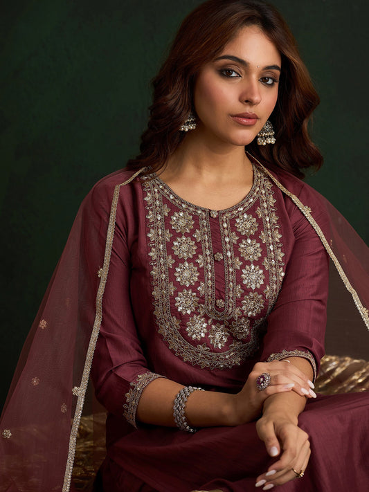 Mauve Embroidered Straight Kurta Trousers With Dupatta  Set