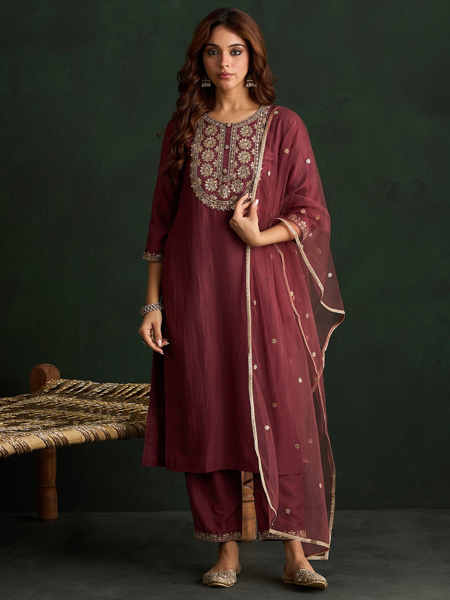 Mauve Embroidered Straight Kurta Trousers With Dupatta  Set