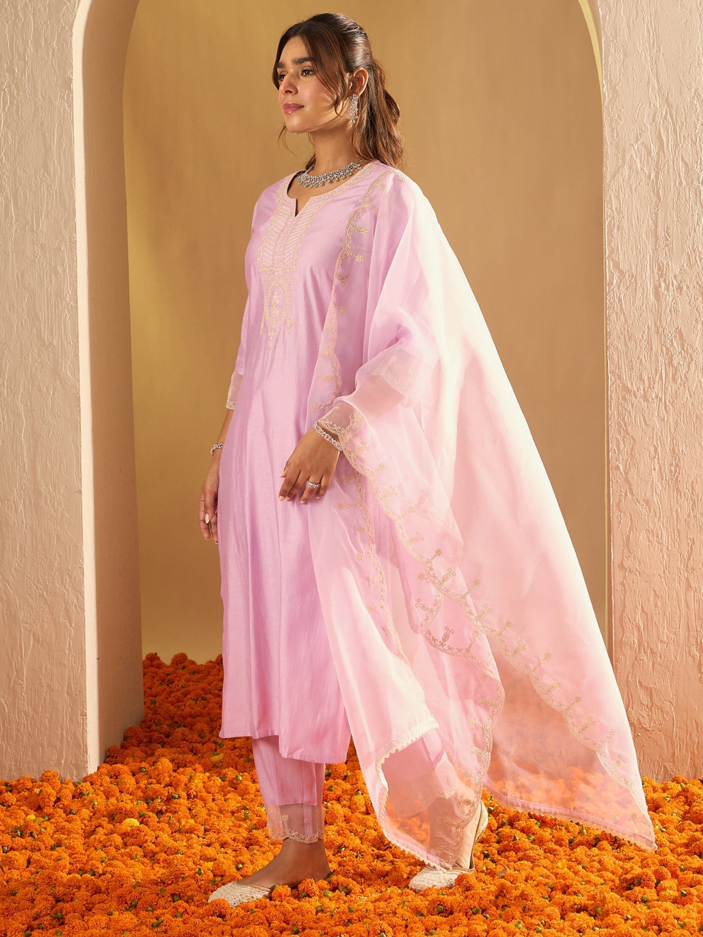 Indo Era Lavender Embroidered Straight Kurta Trousers With Dupatta Set