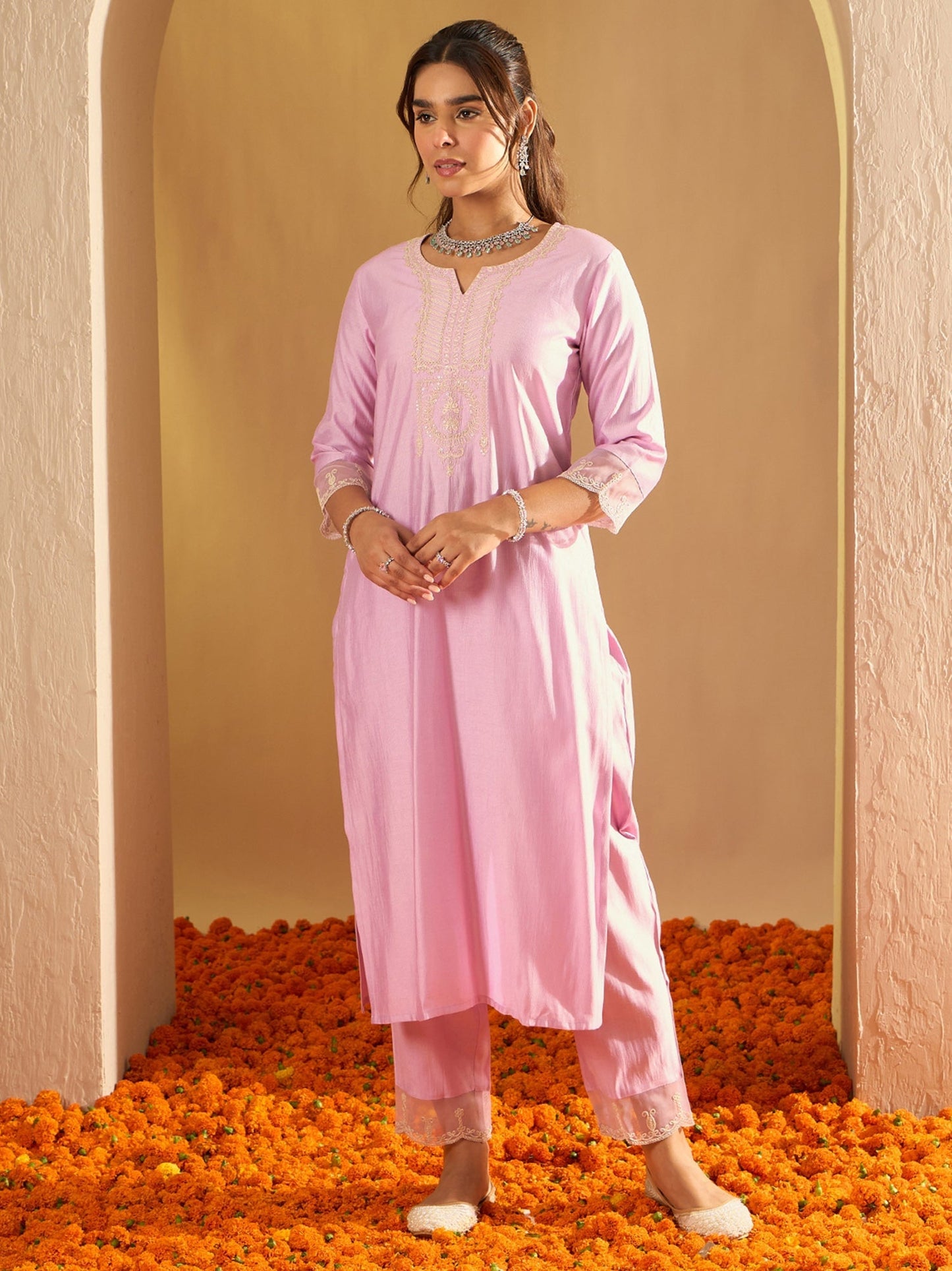 Indo Era Lavender Embroidered Straight Kurta Trousers With Dupatta Set
