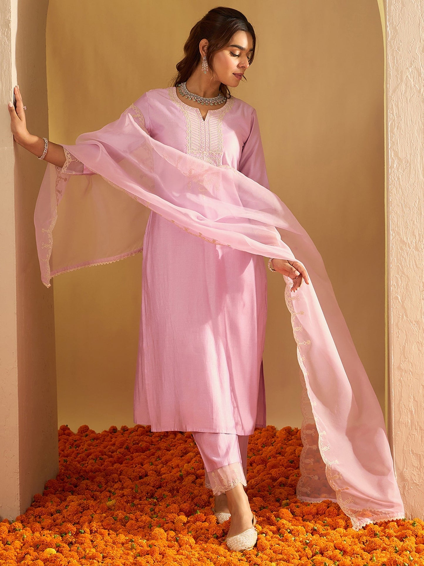 Indo Era Lavender Embroidered Straight Kurta Trousers With Dupatta Set