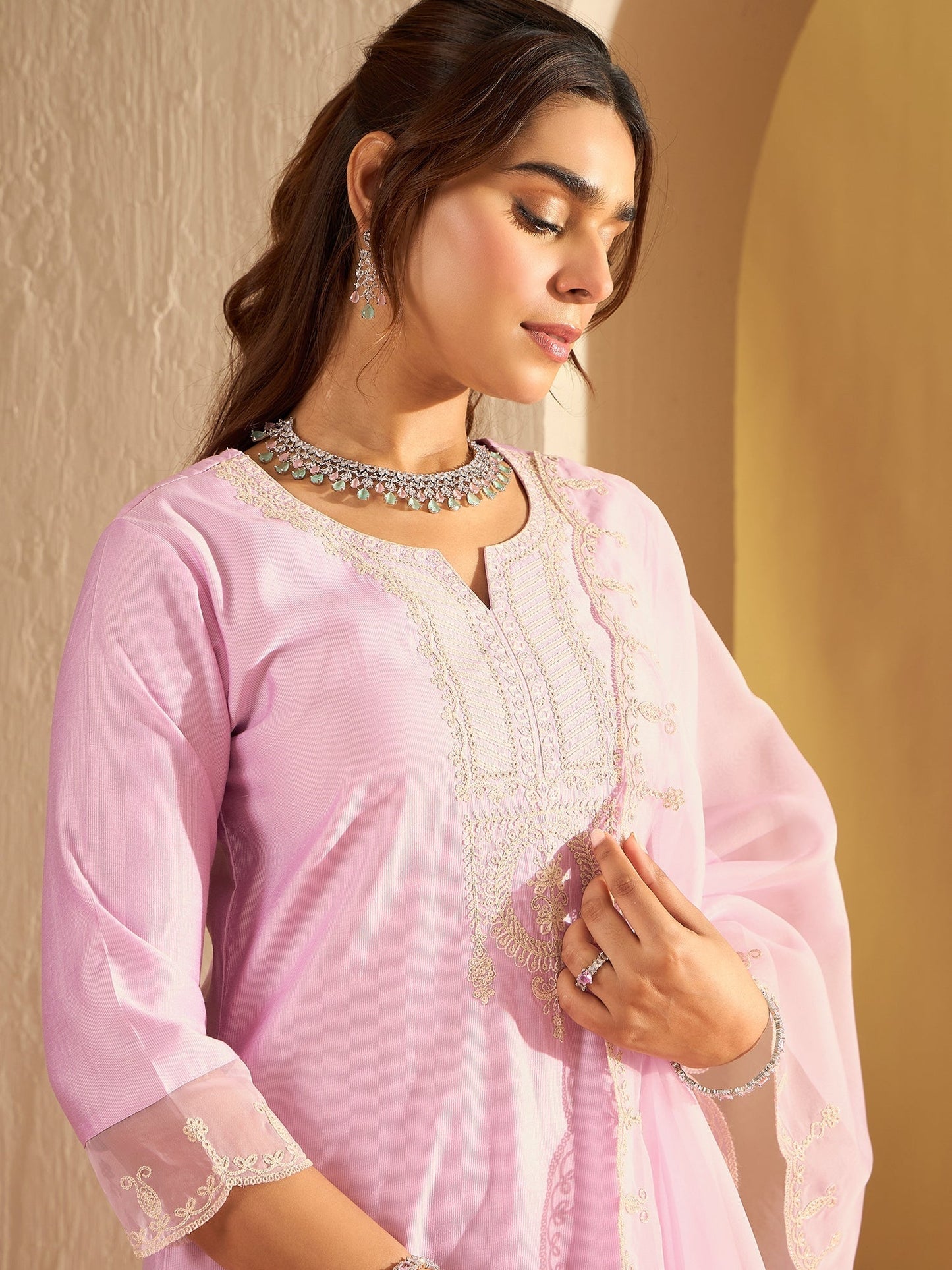 Indo Era Lavender Embroidered Straight Kurta Trousers With Dupatta Set