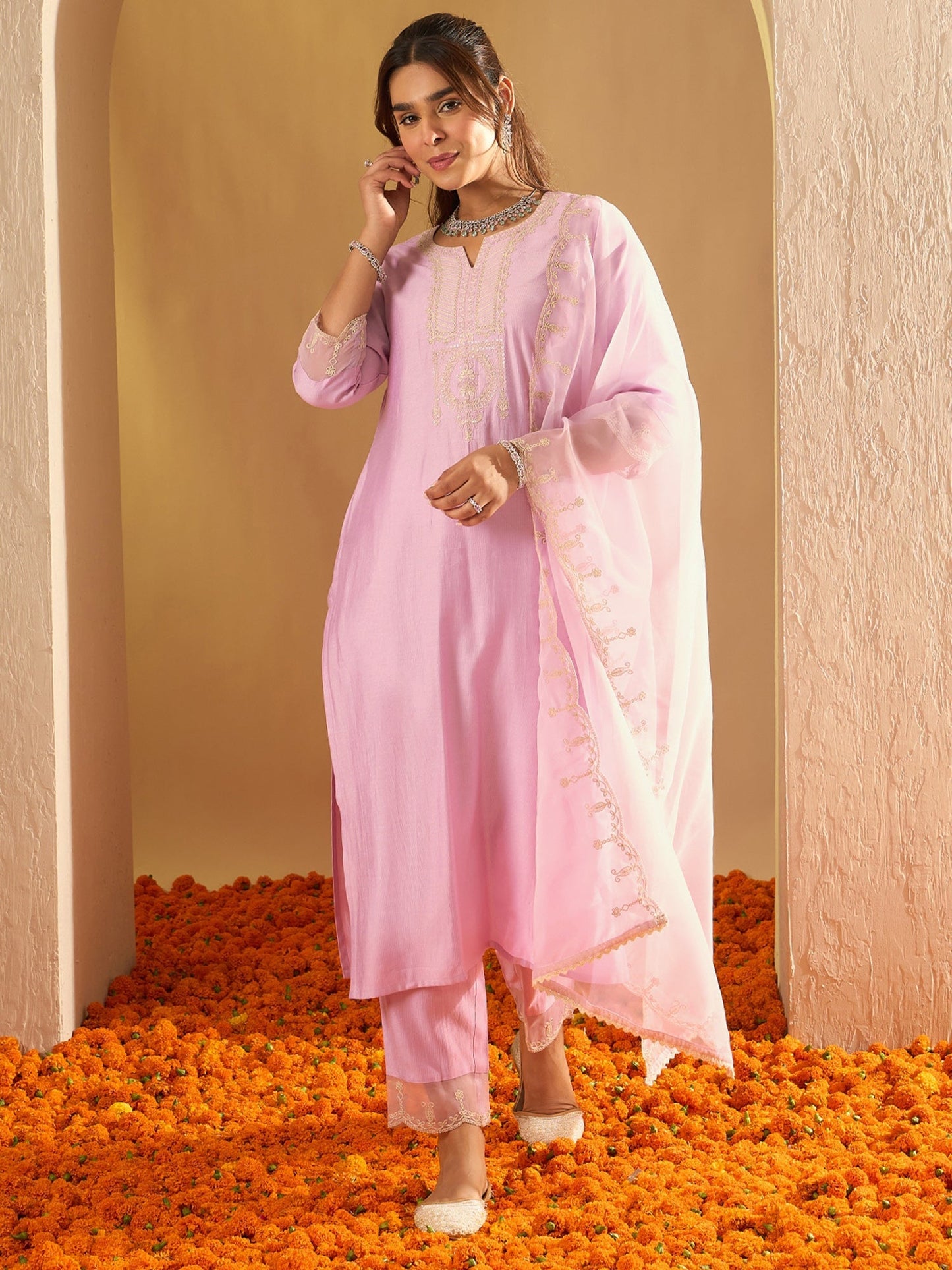 Indo Era Lavender Embroidered Straight Kurta Trousers With Dupatta Set