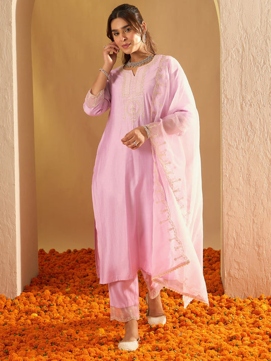 Indo Era Lavender Embroidered Straight Kurta Trousers With Dupatta Set