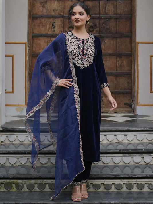 Indo Era Blue Embroidered Straight Kurta Trousers With Dupatta set