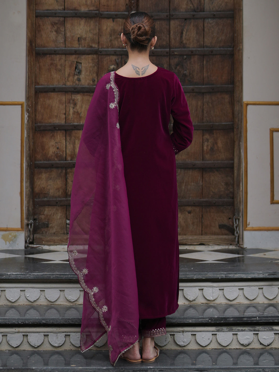 Indo Era Burgundy Embroidered Straight Kurta Trousers With Dupatta set