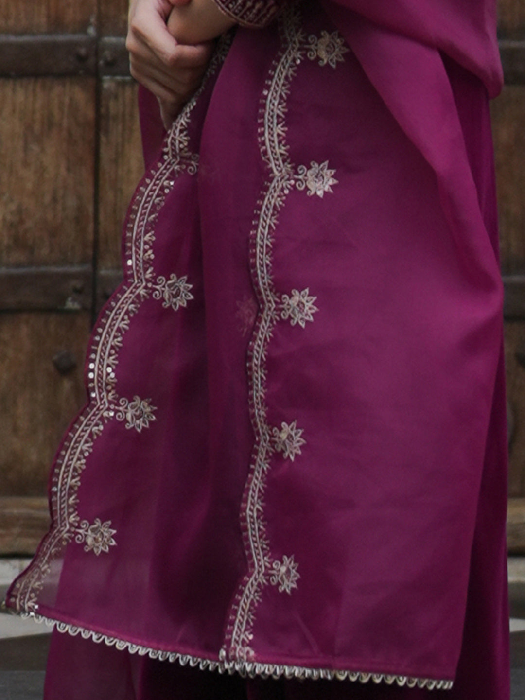 Indo Era Burgundy Embroidered Straight Kurta Trousers With Dupatta set