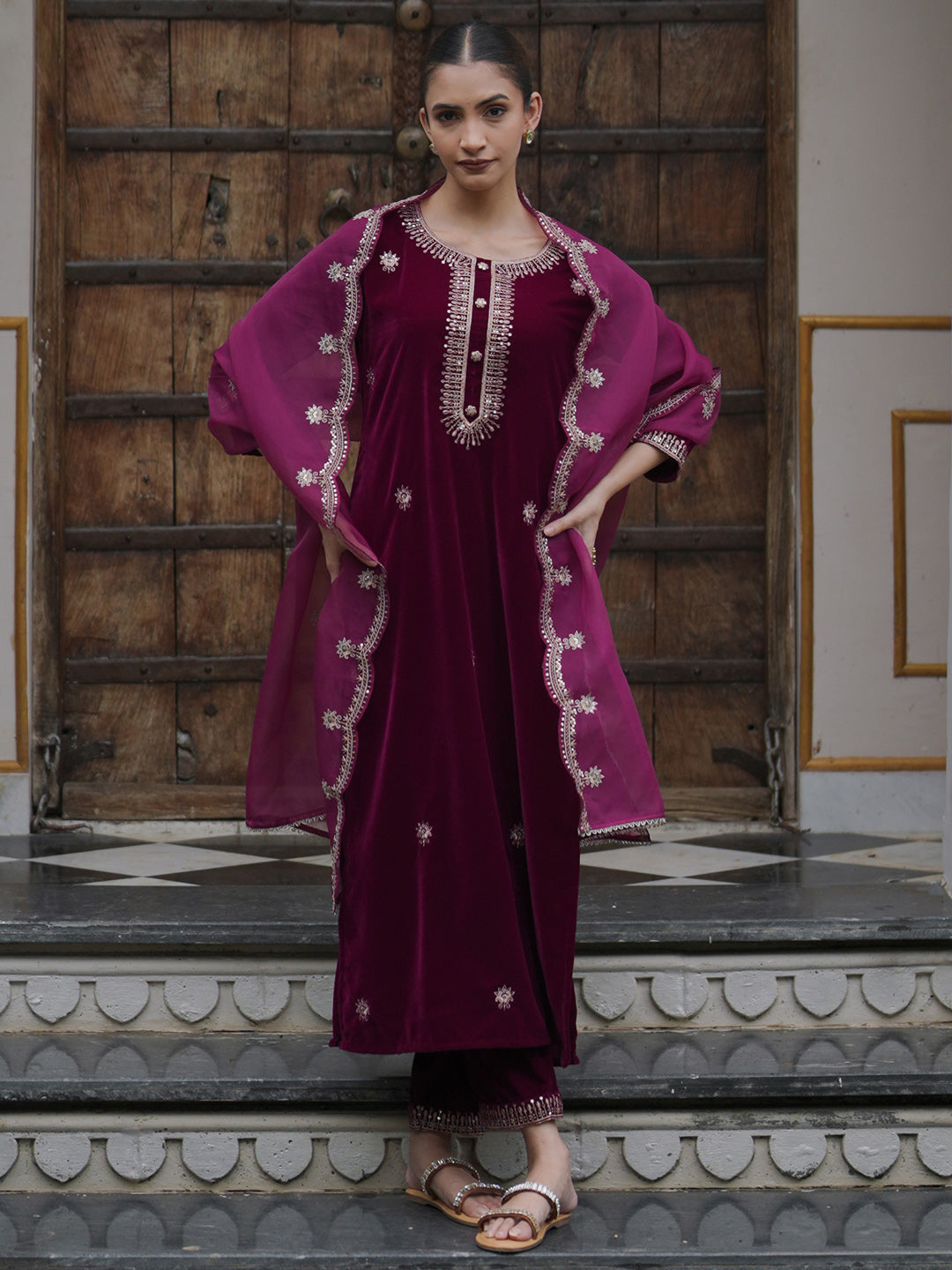 Indo Era Burgundy Embroidered Straight Kurta Trousers With Dupatta set