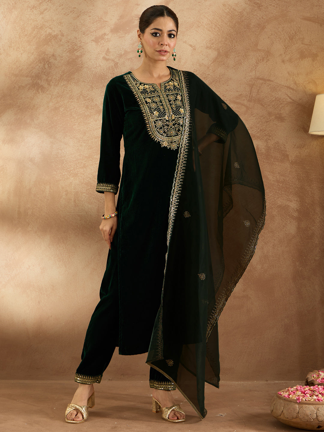 Indo Era Green  Straight Kurta Trousers With Dupatta Set