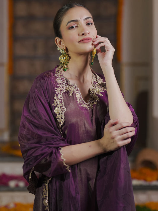Burgundy Embroidered Straight Kurta Trousers With Dupatta Set