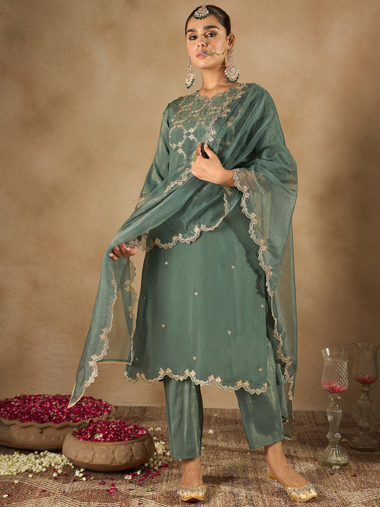 Green Embroidered Straight Kurta Trousers With Dupatta Set