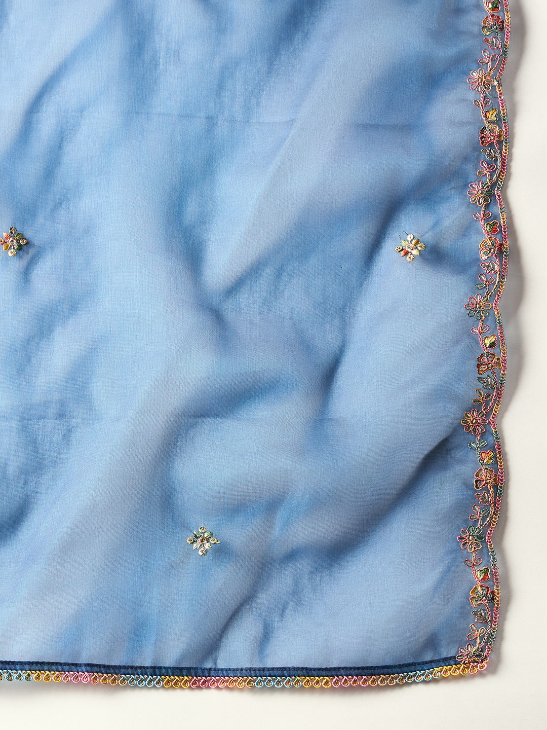 Indo Era Blue Embroidered Straight Kurta Trousers With Dupatta Set