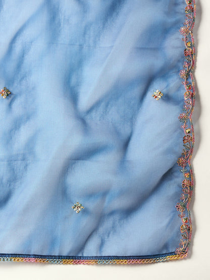 Indo Era Blue Embroidered Straight Kurta Trousers With Dupatta Set