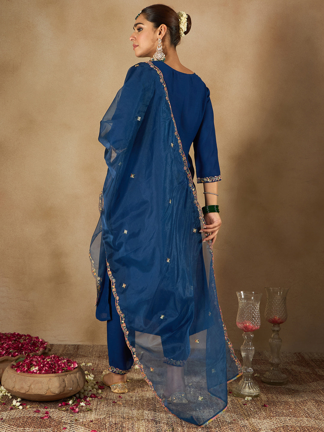 Indo Era Blue Embroidered Straight Kurta Trousers With Dupatta Set