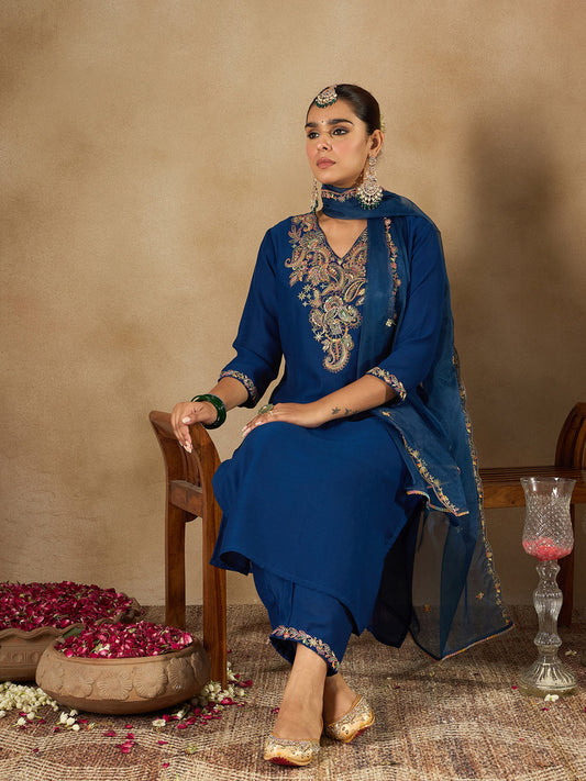 Indo Era Blue Embroidered Straight Kurta Trousers With Dupatta Set