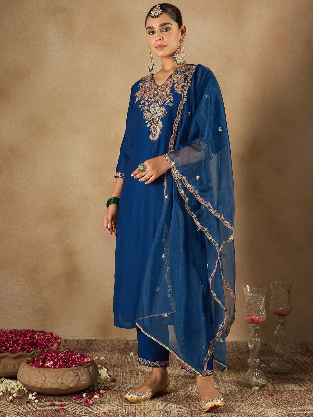Indo Era Blue Embroidered Straight Kurta Trousers With Dupatta Set