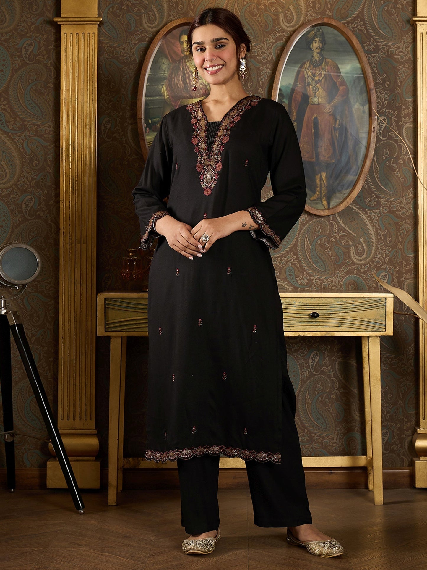 Indo Era Black Embroidered Straight Kurta With Dupatta Set