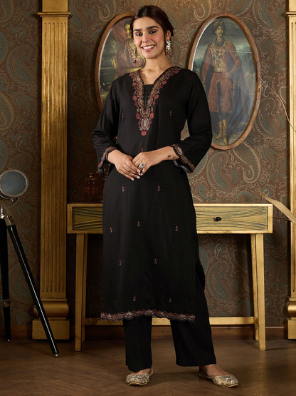 Indo Era Black Embroidered Straight Kurta With Dupatta Set