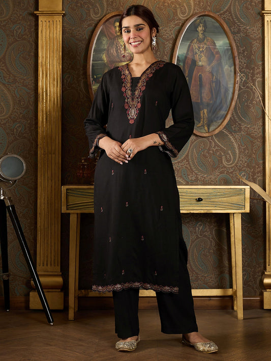 Indo Era Black Embroidered Straight Kurta With Dupatta Set