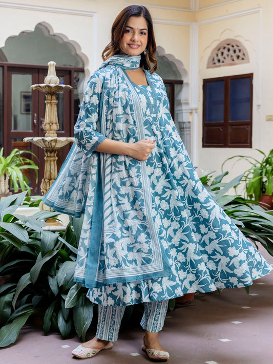 Blue Printed Anarkali Kurta Trousers With Dupatta Set