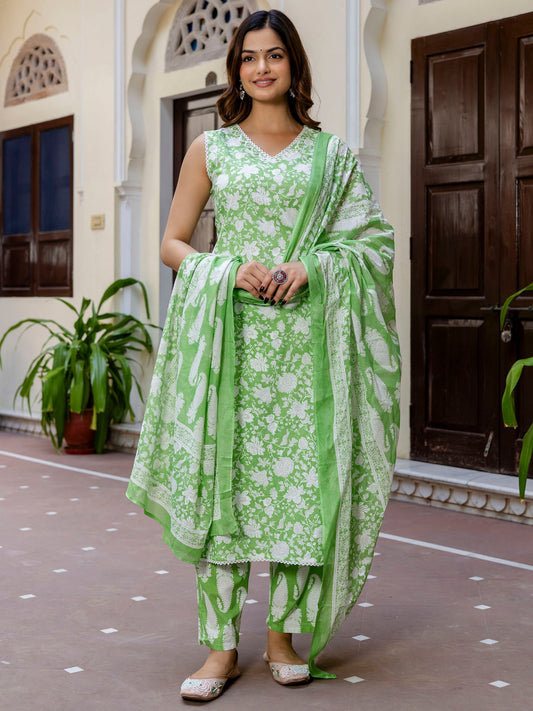 Green Printed Straight Kurta Trousers With Dupatta Set