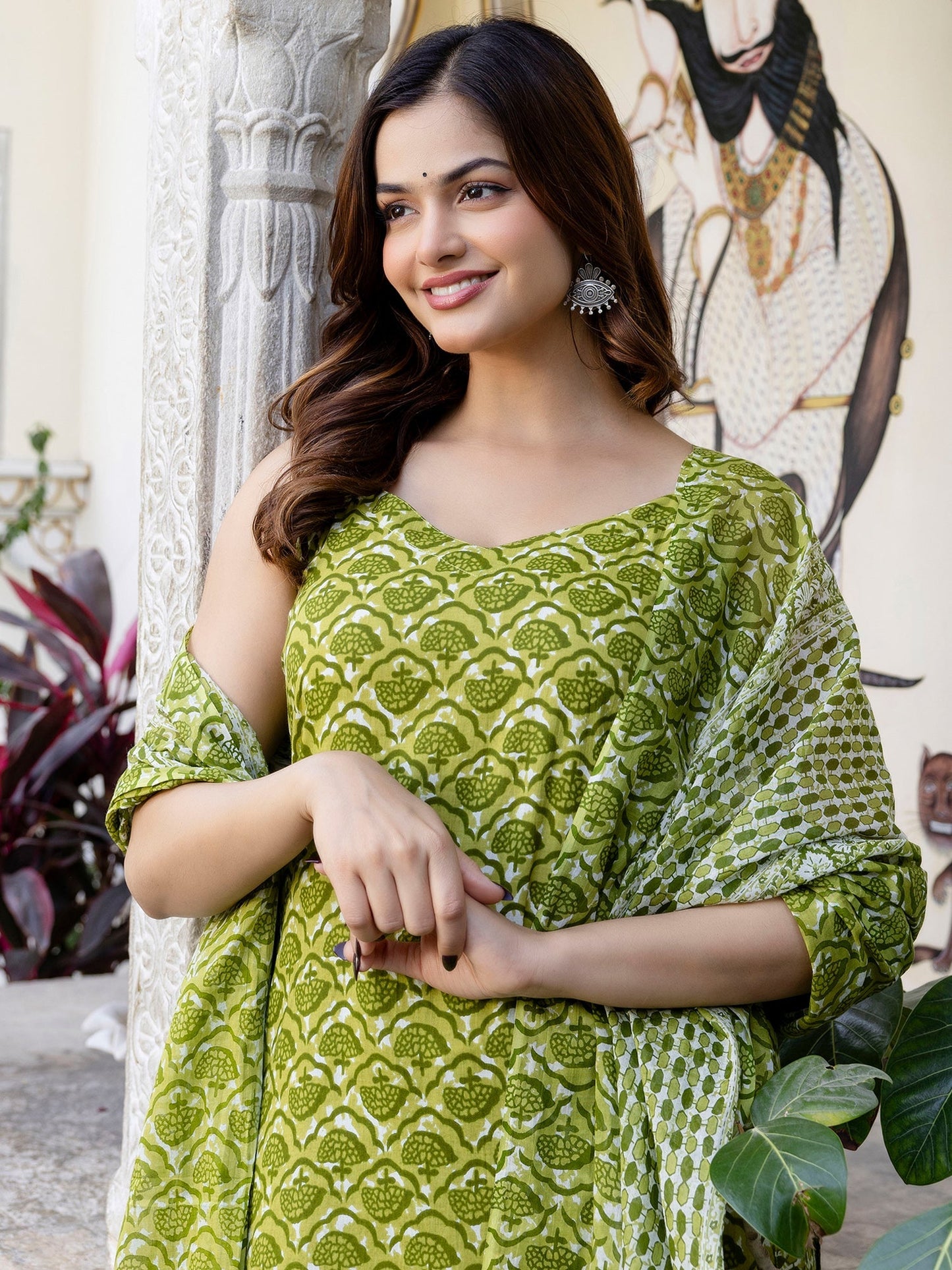 Green Printed Straight Kurta Trousers With Dupatta Set