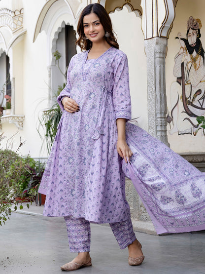 Lavender Printed A-Line Kurta Trousers With Dupatta set