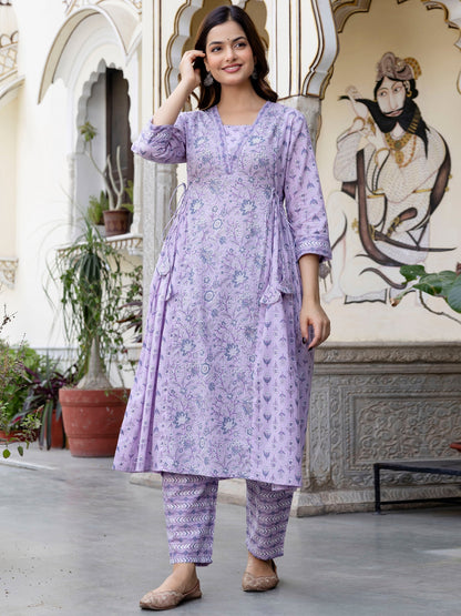 Lavender Printed A-Line Kurta Trousers With Dupatta set