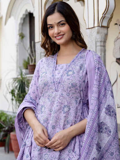Lavender Printed A-Line Kurta Trousers With Dupatta set