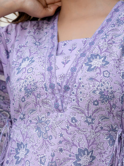 Lavender Printed A-Line Kurta Trousers With Dupatta set
