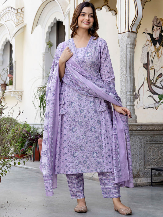 Lavender Printed A-Line Kurta Trousers With Dupatta set