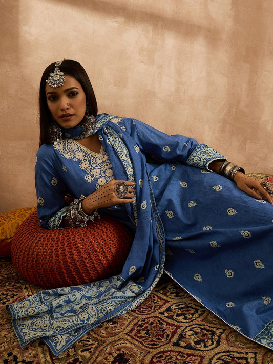 Blue Embroidered Straight Kurta Trousers With Dupatta Set