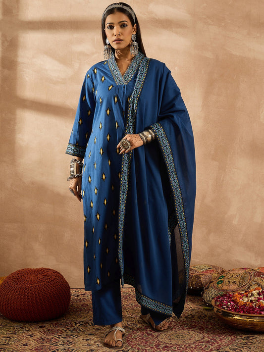 Blue Embroidered A-Line Kurta Trousers With Dupatta Set