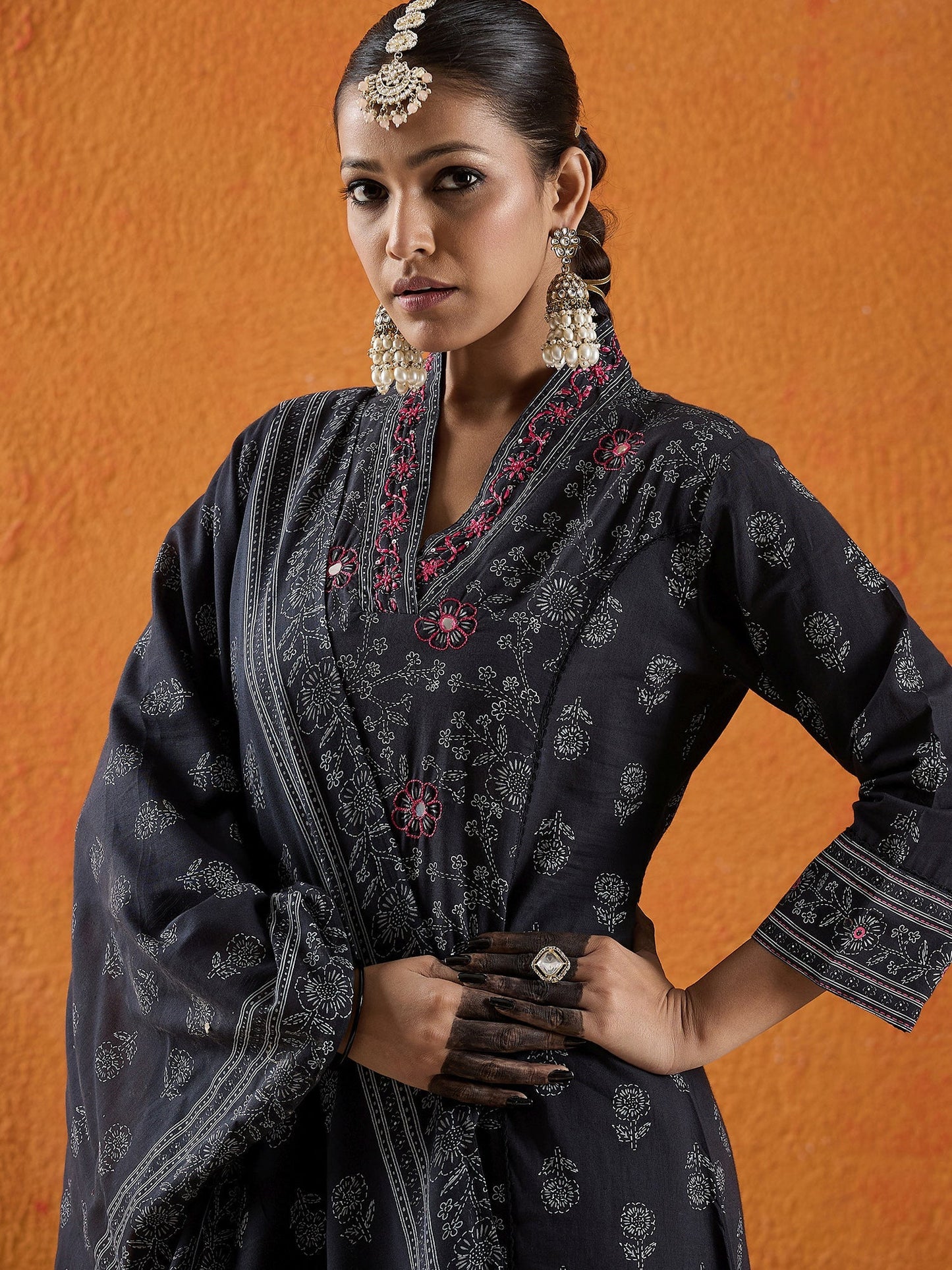 Black Printed A-Line Kurta Trousers With Dupatta Set