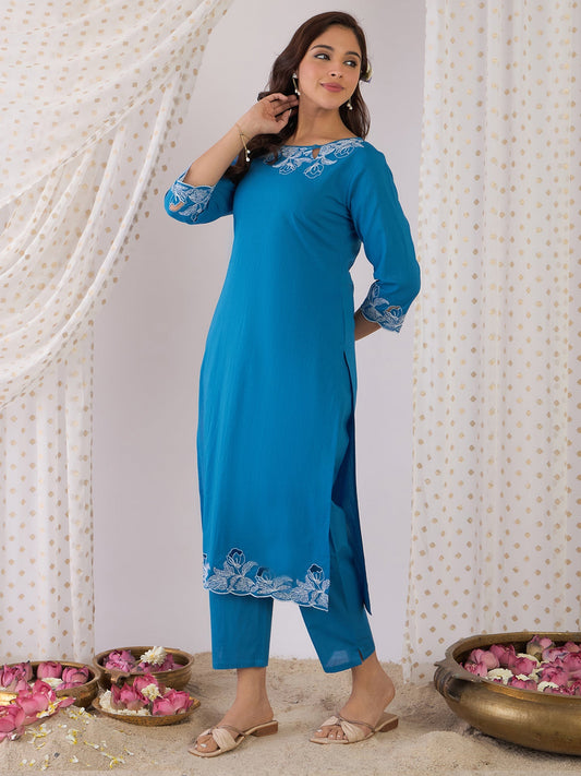 Blue Embroidered Straight Kurta Trousers  Set