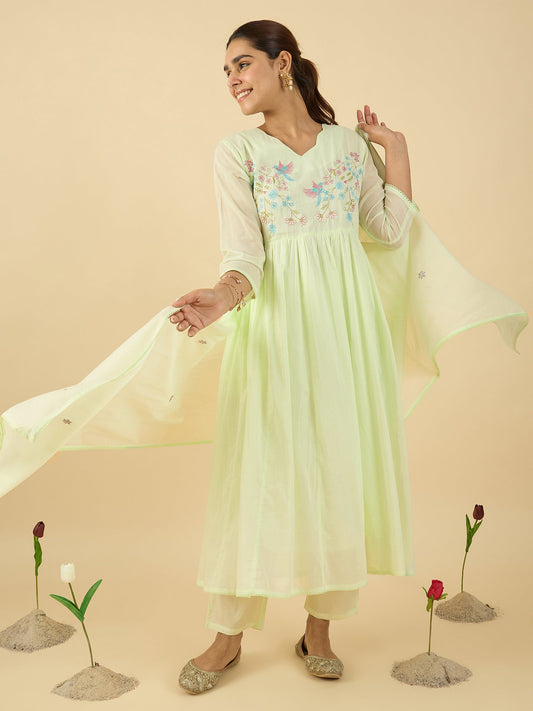 Green Embroidered A-Line Kurta Trousers With Dupatta Set