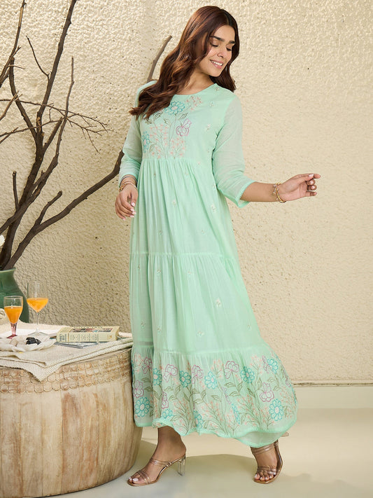Green Embroidered A-Line Kurtas