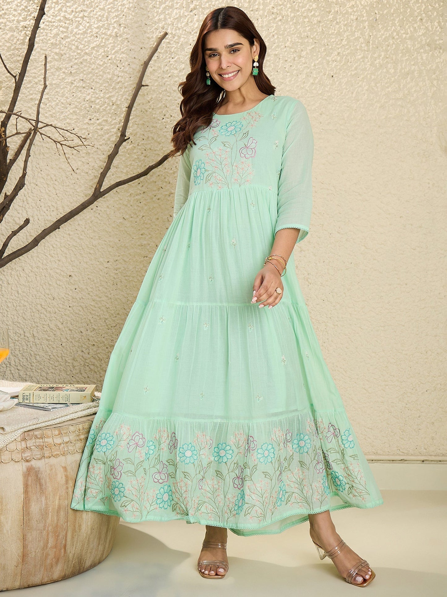 Green Embroidered A-Line Kurtas